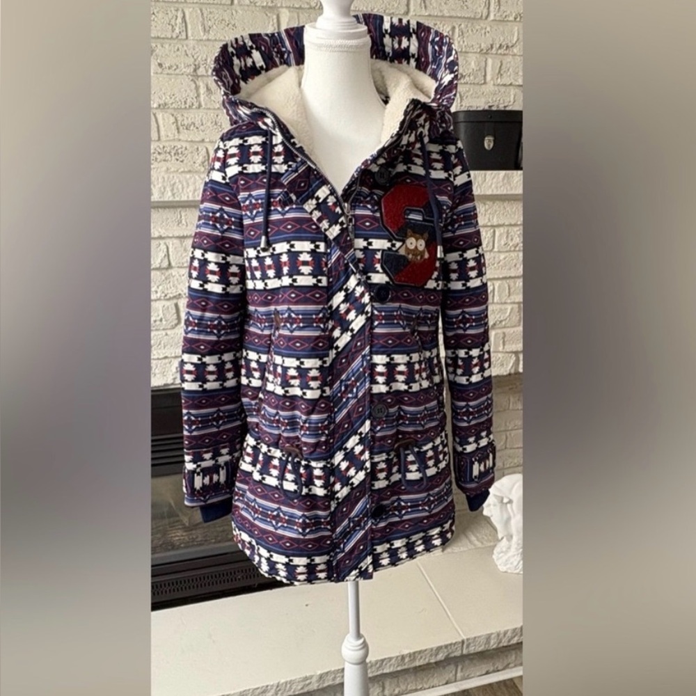 ES Women's Purple Patterned Puffer Jacket with Embroidered Owl Logo Size S/M